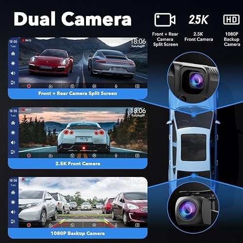 Miniatura 3 de LAMTTO Carplay inalámbrico de 9.26 pulgadas y Android Auto con cámara de tablero de 2.5 K, cámara de respaldo de 1080P, navegación GPS portátil con