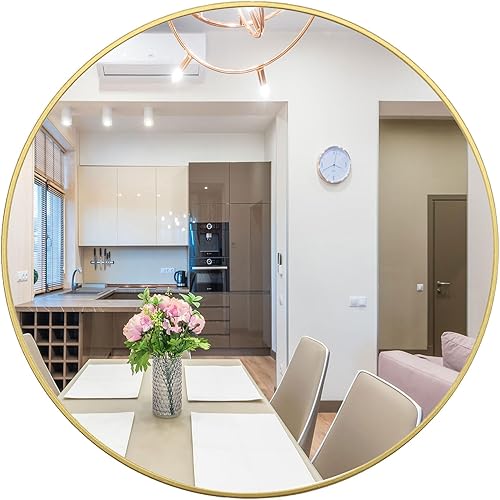 ZZPQ Espejo redondo dorado de 48 pulgadas, espejo de pared grande con marco de metal, espejo circular moderno de gran tamaño para tocador, baño,