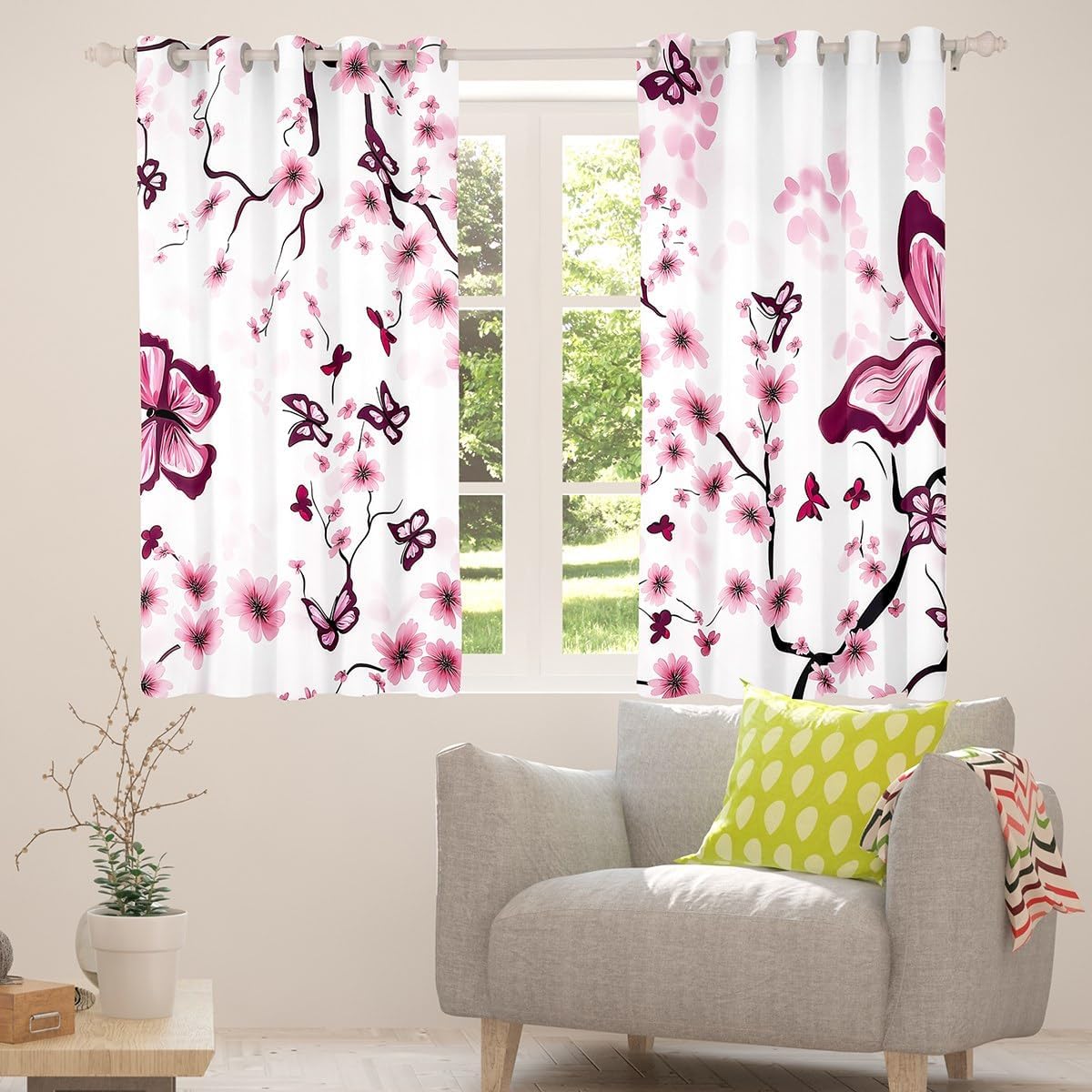Erosebridal 38"x45" Cherry Blossom Curtain,Spring Elegant Flowers Butterfly 100% Blackout Window Curtain Girls Women,Japanese Style Window Treatments,Botanical Floral Curtains Drapes,Pink Purple