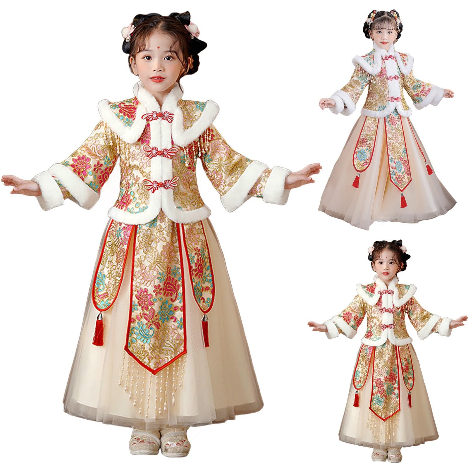Vestido de Año Nuevo chino para niñas, vestido tradicional bordado, chaqueta de forro polar floral de punto con borlas, bonita falda de tul, elegante y estética, trajes chinos de moda