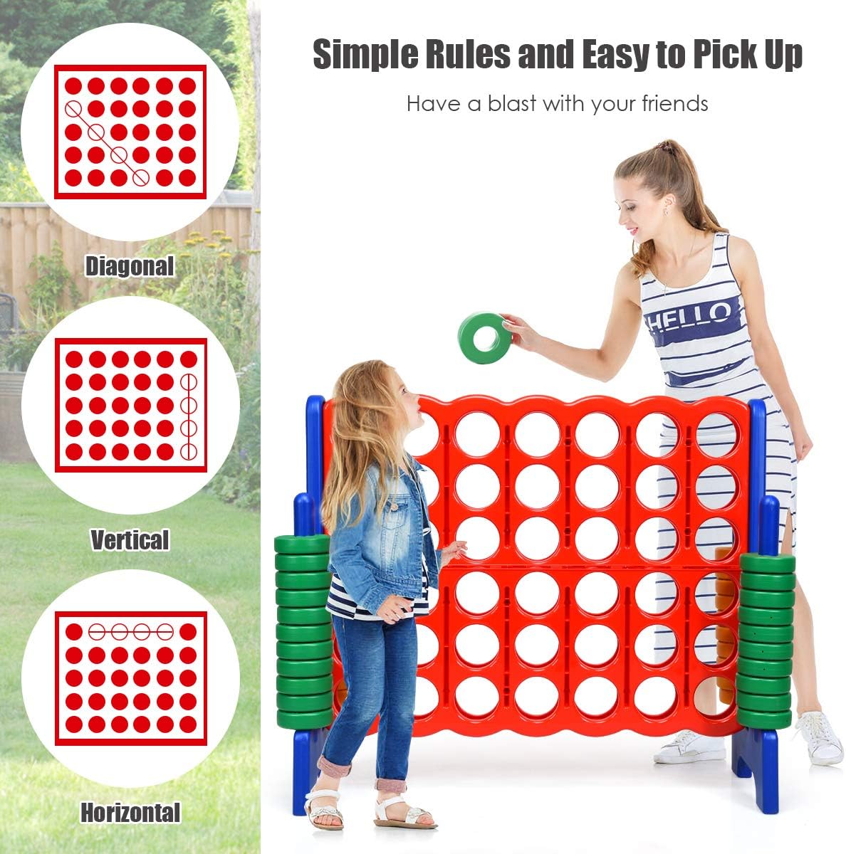 GLACER Giant 4-in-A-Row, Jumbo 4-to-Score Giant Game Set Backyard Games for Kids & Adults, 3.5FT Tall Indoor & Outdoor Connect-All-4 Game Set with 42 Jumbo Rings & Quick-Release Slider