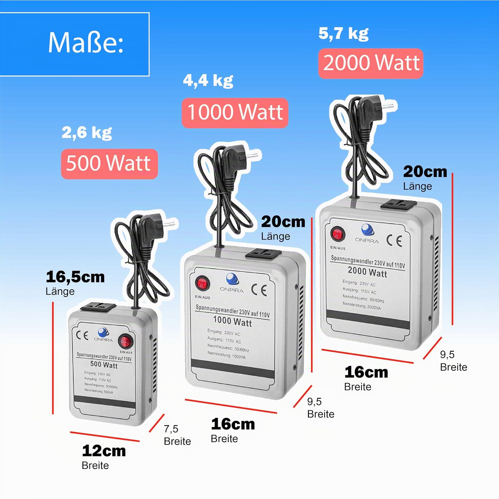 Spannungswandler 220V Auf 110V – 2000W, Onpira, 230V AC Zu 110-120V