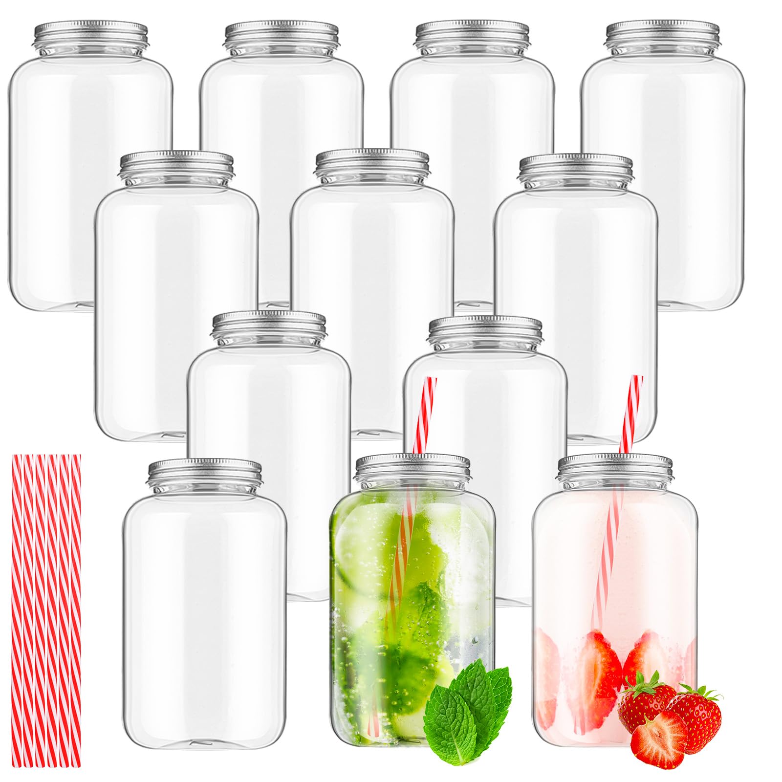 Tanlade 12 Pcs 16oz Plastic Mason Jars with Lids and Straws Plastic Juice Bottles Drink Containers with Aluminum Caps Juicing Bottles Clear Bulk Beverage Containers for Iced Coffee Milk Tea Juice