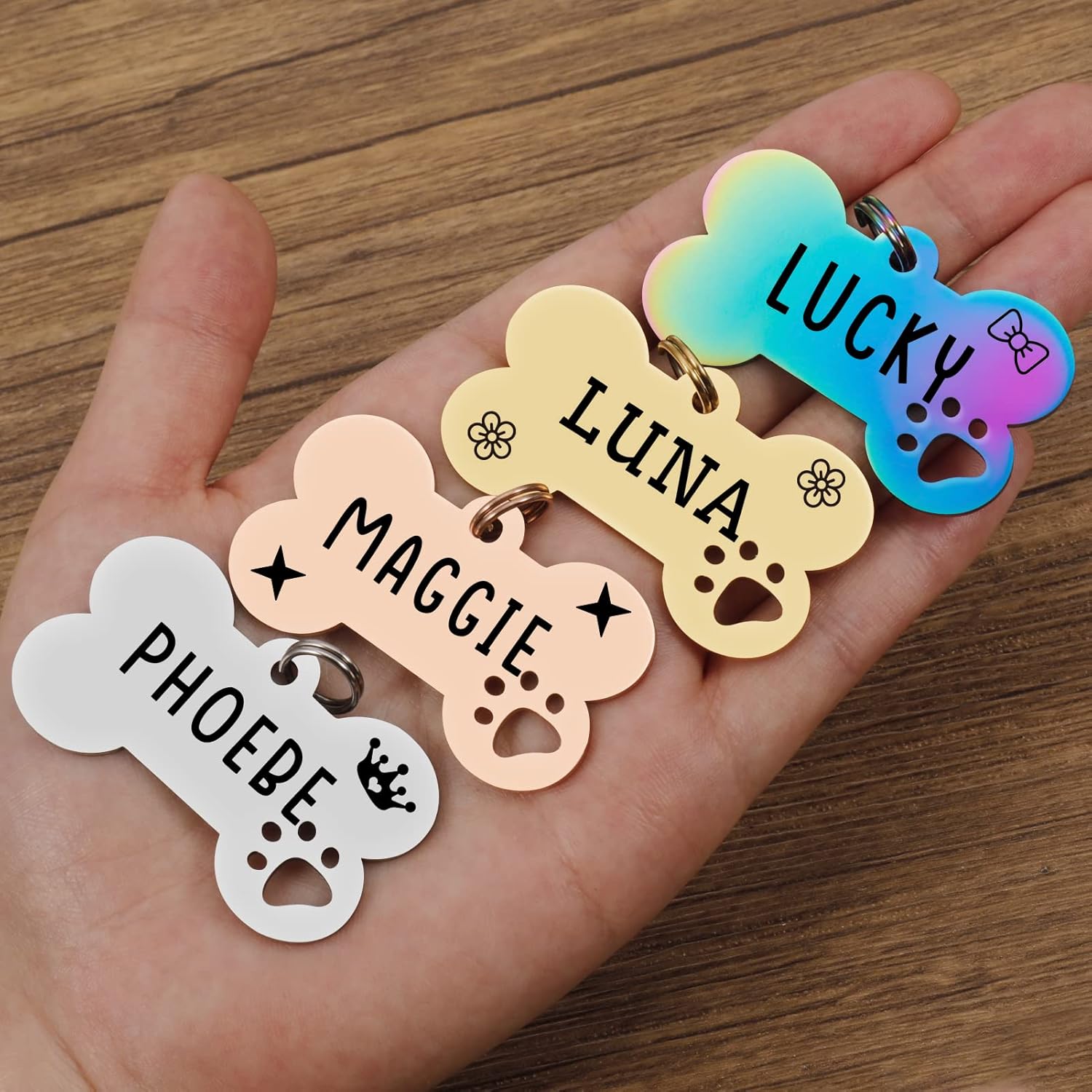 JATEBI Personalized Pet ID Tags, Stainless Steel Dog Tags,Custom Bone&Hollowed Paw Shaped Engraved Dog Name, Label, Address & Phone, Customizable on Both Sides(Rosegold,M) : Pet Supplies