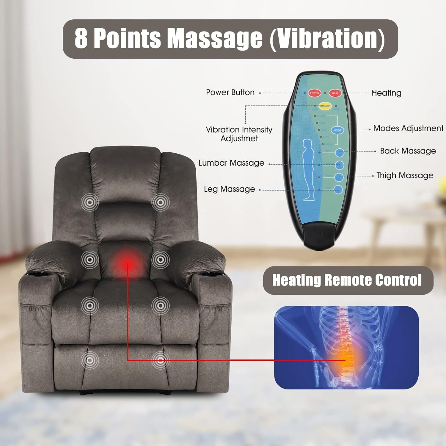 Electric Power Lift Recliner Chair for Elderly Living Room Sofa with Massage and Heat Reclining with Remote Control(E)