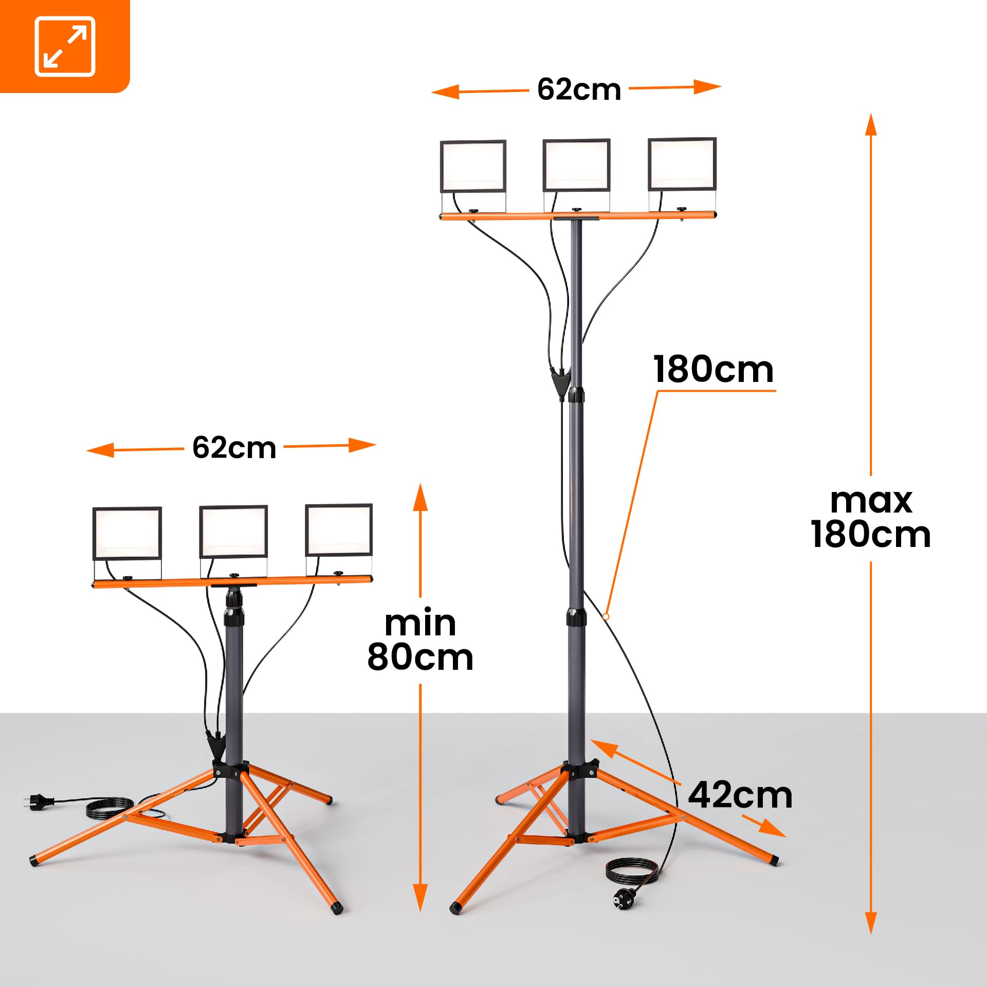 SmartLED Baustrahler Arbeitsstrahler mit Stativ 3x50W, LED Strahler 3x5500 Lumen, 1,60 m Einstellbar Teleskopisch, 360° Grad Drehung, 180 cm Kabel, IP65, kompakt und leicht (3x 50W 16500lm)