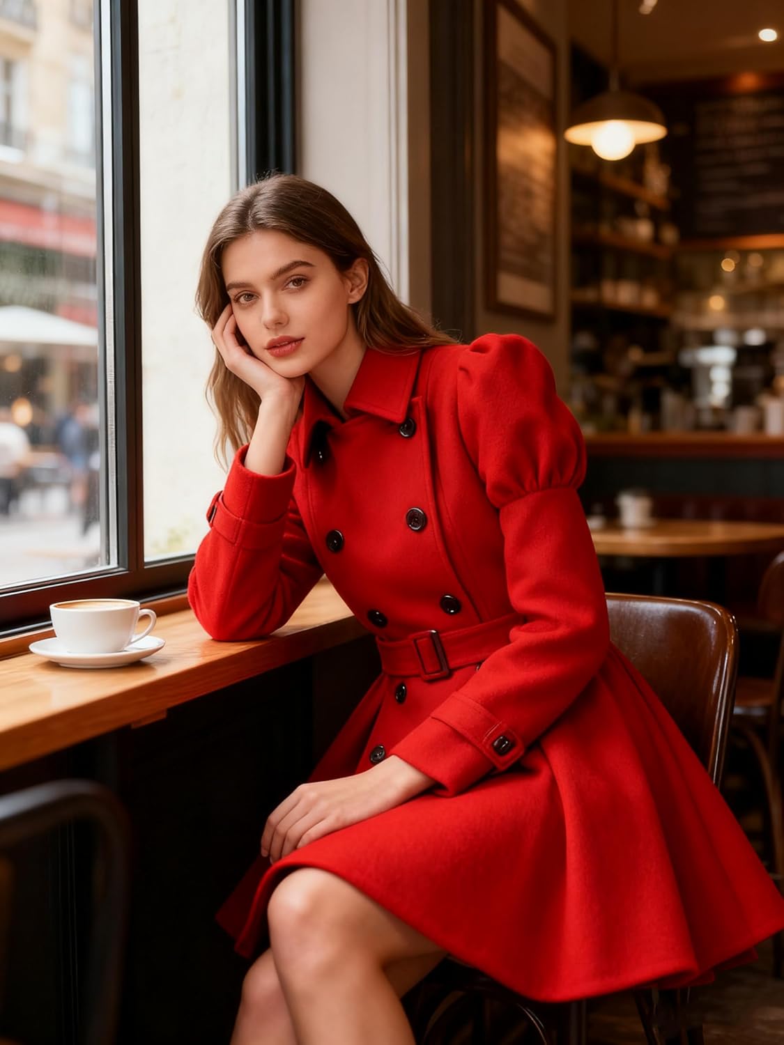 ForeMode Women Swing Double Breasted Wool Pea Coat with Belt Buckle Spring Mid-Long Long Sleeve Lapel Dresses Outwear - Image 5