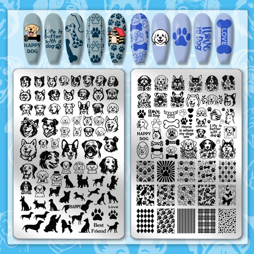 PH PandaHall Dog Nail Plates Stamping 2pcs Cute Dogs Pattern Print Art Template Stainless Steel Nail Image Plate Dog Paw Nails Stencil Set for Dog Lover Manicure Decor 14.5x9.5cm - Image 3