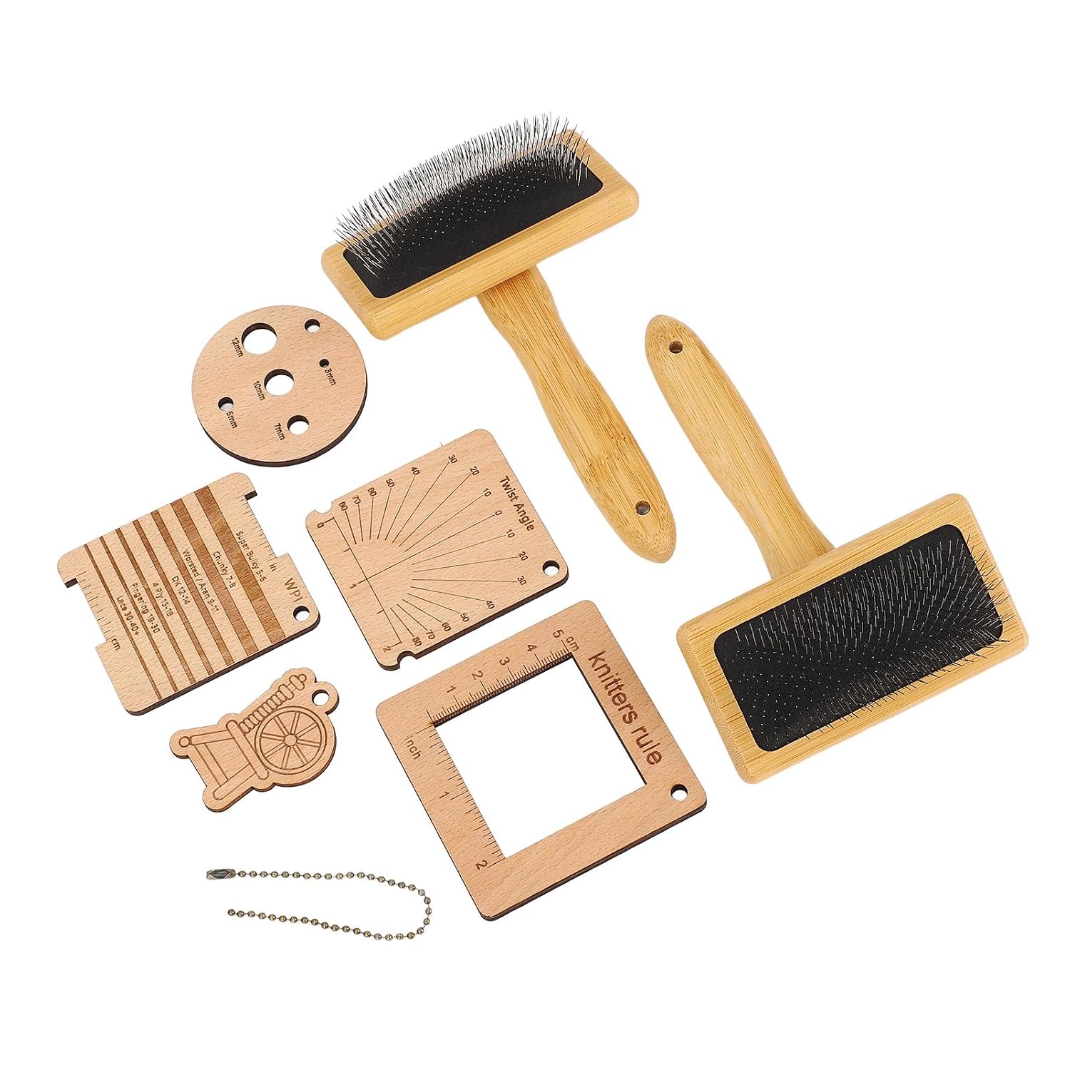 VINGVO Knitting Density Gauge Tool, Wooden Brush Set, Beech Wood Large Wool Brushes, Multifunctional Knitting Measure Tool Set for Blending Colors