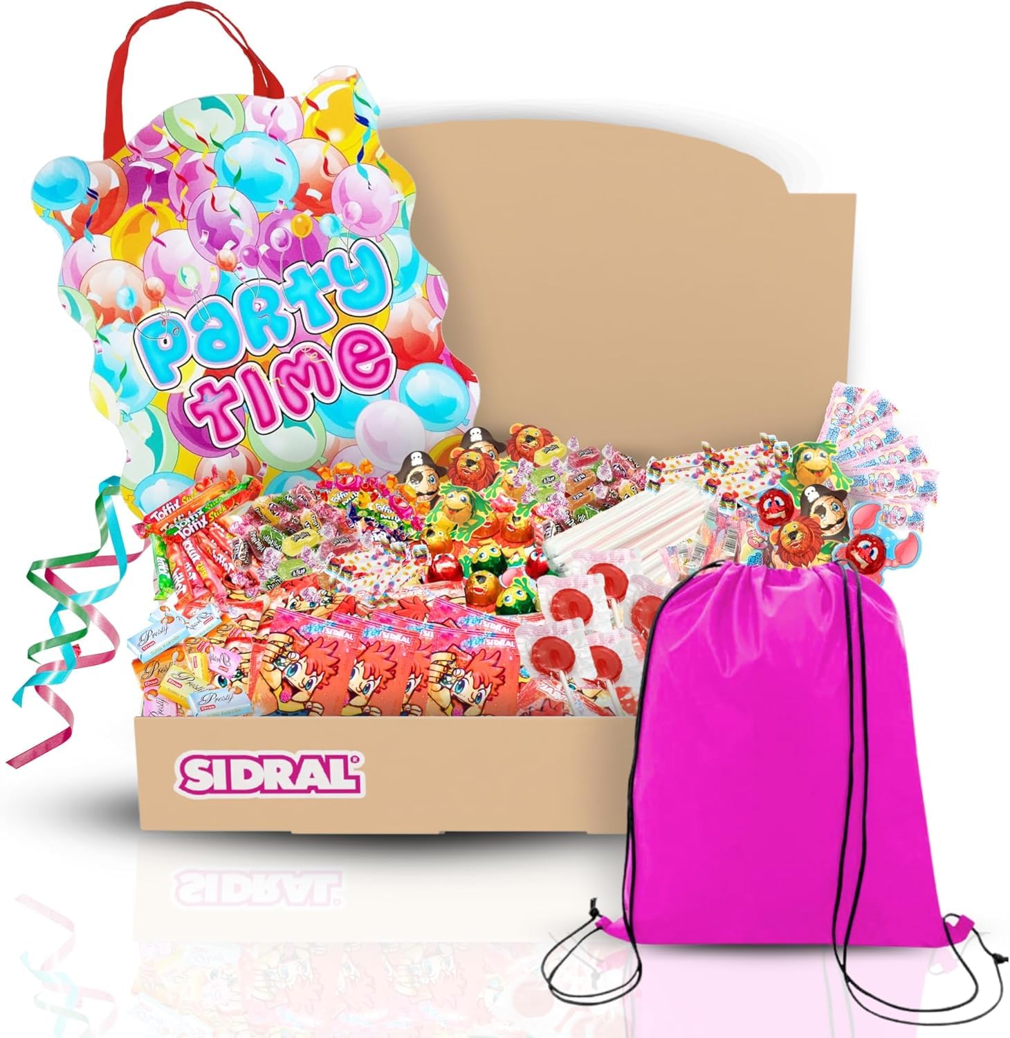 SIDRAL .275 chuches variadas+piñata+mochila para llevar chuches :Cañas y sobres Sidral, chocolate, gominolas, caramelos blandos rellenos gel de frutas - Perfectas para Regalar.