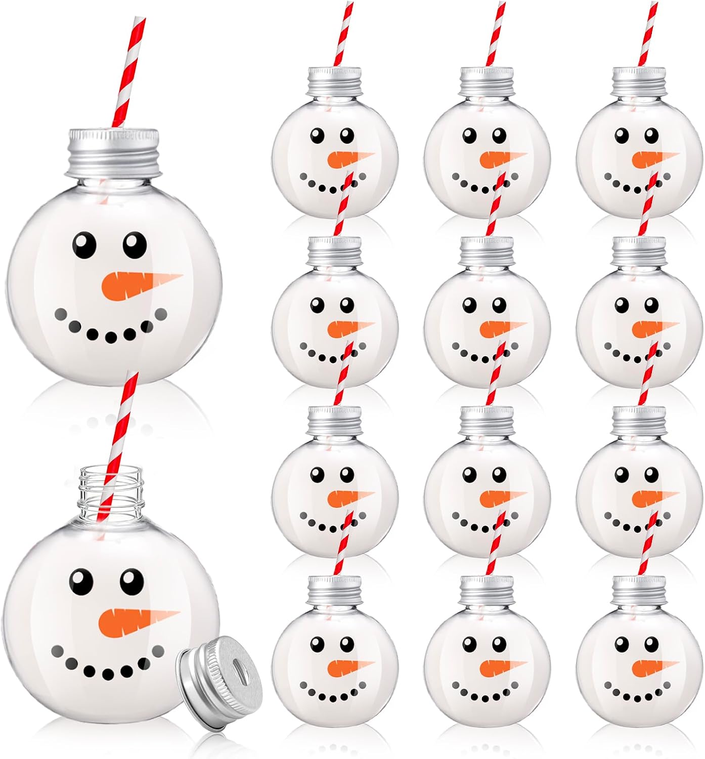 FYSUIMU 12Pcs Christmas Booze Balls Cups with Lids and Straws Clear Plastic Snowman Face Party Drinking Cups Reusable Bottles for Xmas Winter Holiday Party Supplies