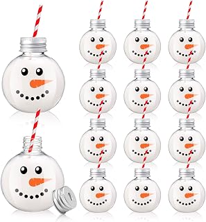 12Pcs Christmas Booze Balls Cups with Lids and Straws Clear Plastic Snowman Face Party Drinking Cups Reusable Bottles for Xmas Winter Holiday Party Supplies