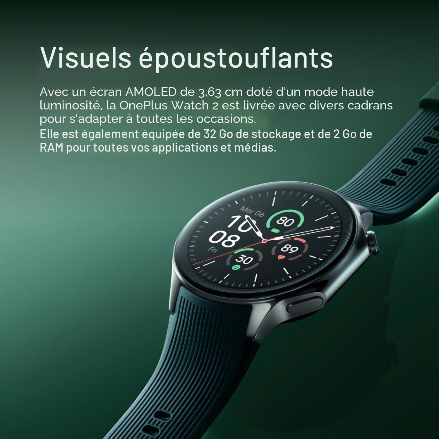 OnePlus Watch 2 Radiant Steel, 32 Go, batterie de 100 heures, suivi de santé et de remise en forme, design en cristal saphir, double moteur, Wear OS by Google