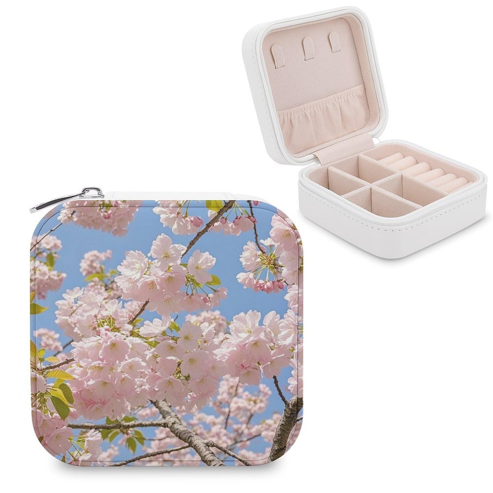 FekiLoot Cherry Blossom Travel Jewelry Box Small Jewelry Organizer Storage Case Portable PU Leather Mini Jewellry Travel Case Necklace Ring Storage Organizer Gift for Women