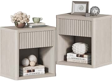 SICOTAS Night Stand Set of 2 Nightstands with Drawer Storage Fluted Bed Side Table End Table Large Modern Wide Bedside Stand Mid Century Night Stands for Bedroom Living Room Sofa Office, White Alder