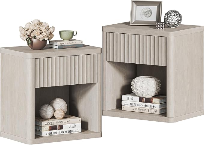 SICOTAS Night Stand Set of 2 Nightstands with Drawer Storage Fluted Bed Side Table End Table Large Modern Wide Bedside Stand Mid Century Night Stands for Bedroom Living Room Sofa Office, White Alder