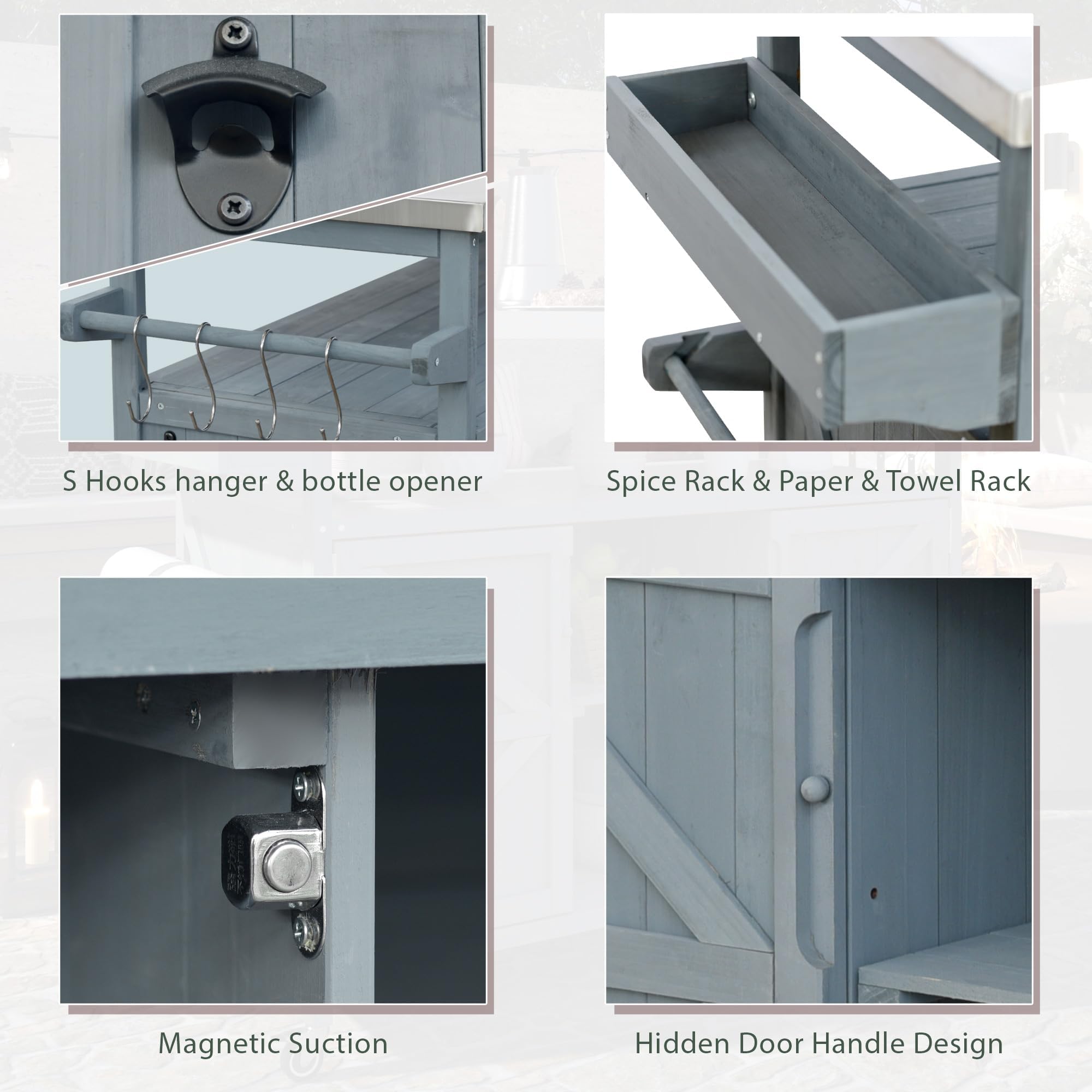 Large Outdoor Rolling Patio Bar Table Cart, Outdoor Kitchen Island Cart Grill Table, Farmhouse Solid Wood Outdoor Serving Cart Prep Table with Stainless Steel Top for Grill/Kitchen, Grey Blue