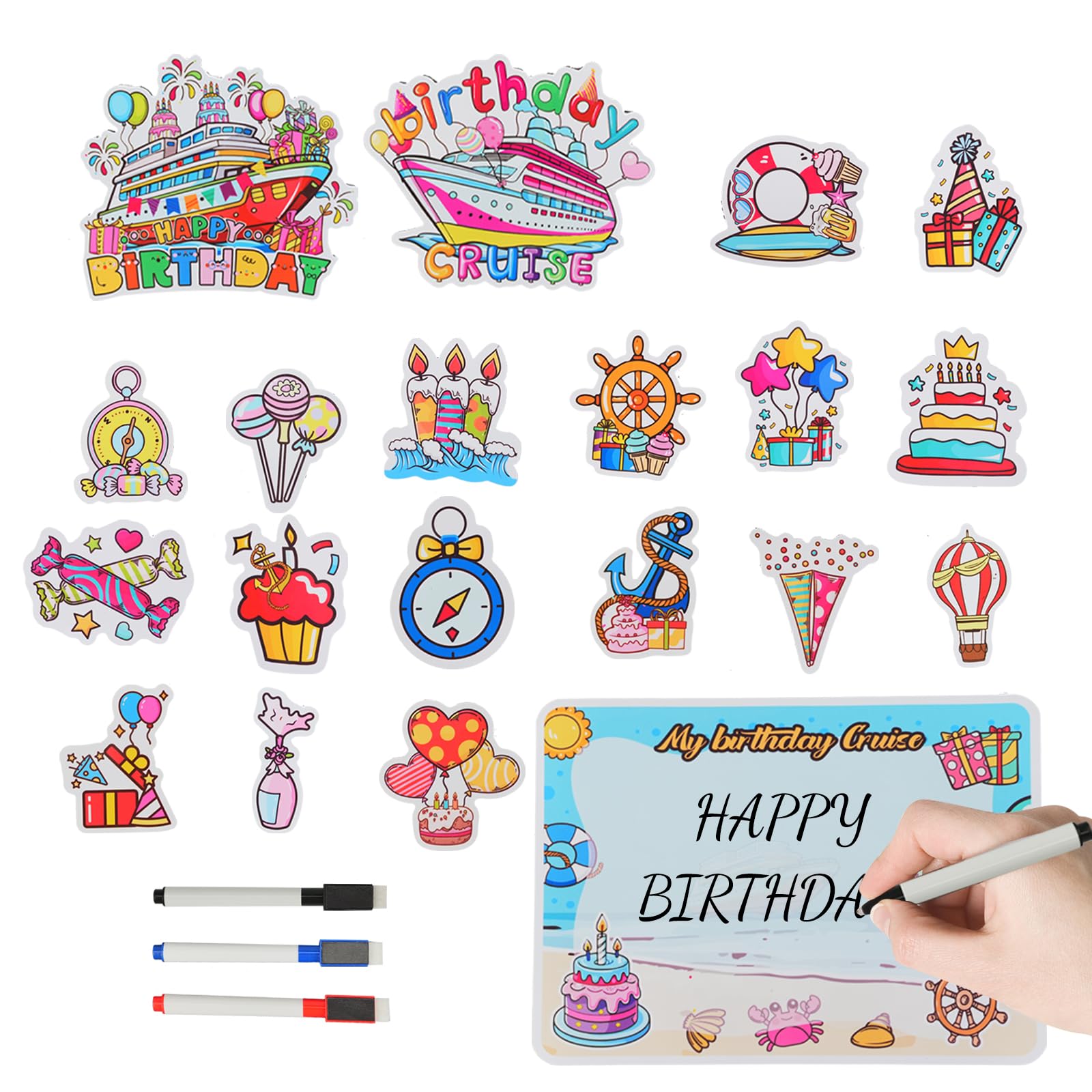 Birthday Cruise Door Magnets 23 PCS Cruise Ship Magnets Reusable Magnetic for Happy Birthday Decor Refrigerator Office Car Party Decor with Wet Erase