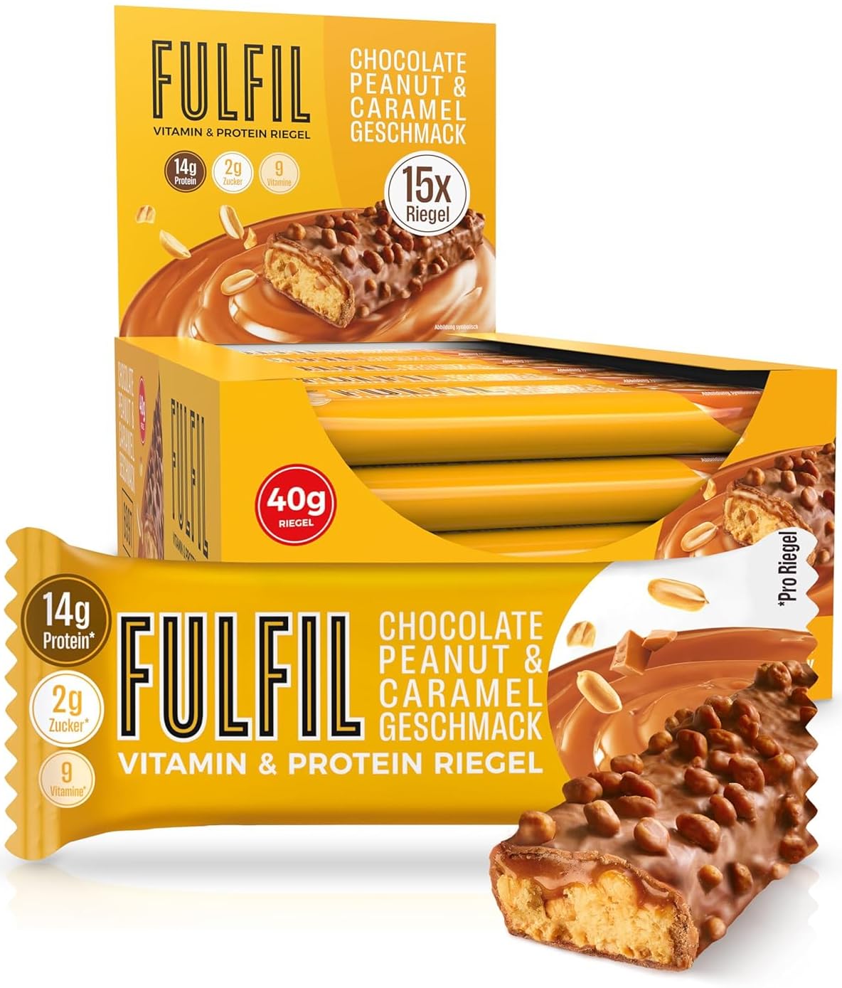 FULFIL Vitamin- und Protein Riegel Chocolate Peanut & Caramel Geschmack - High Protein, Low Sugar Snack - 15 x 40g