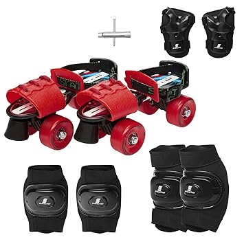 Amazon Brand - Symactive Roller Skates Combo Kit, Ultra-Durable, Adjustable, for 6 to 14 Years (Unisex, Red Skates with Knee Guard, Elbow Guard, Wrist Guard, Key)