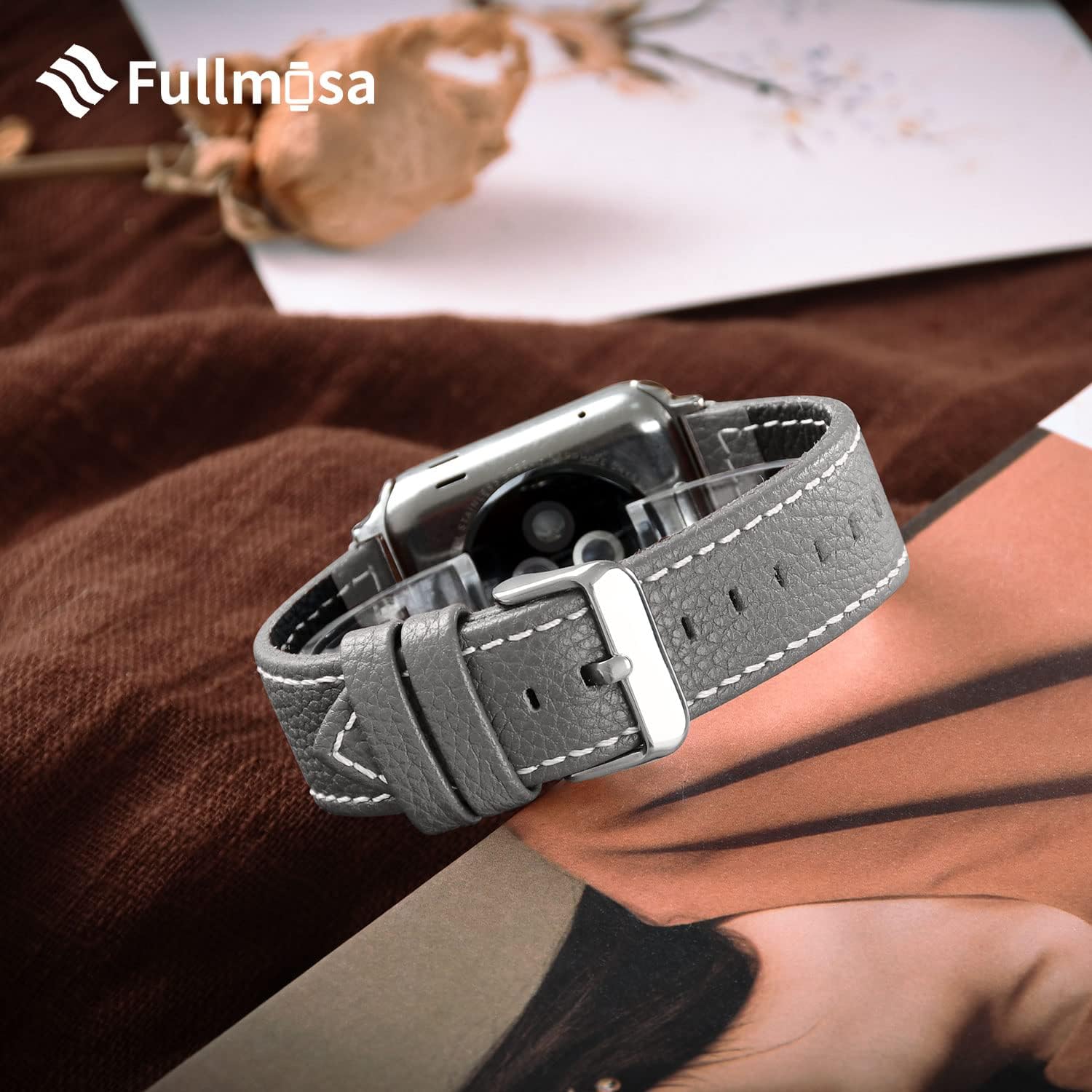 Fullmosa Compatible with Apple Watch Band Leather 38mm 40mm 41mm 42mm for iWatch Series 11/10/9/8/7/6/5/4/3/2/1, SE3/2/1, Grey + silver buckle