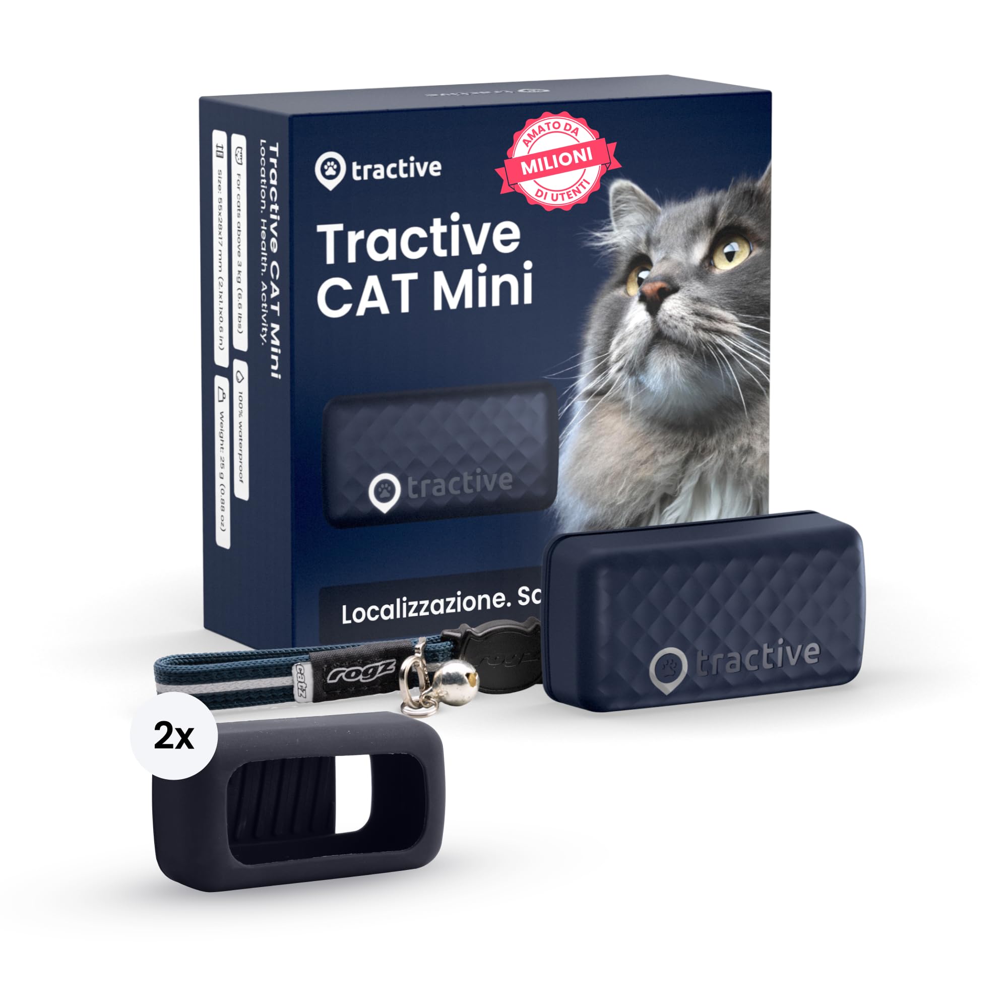Tractive Bundle GPS gatti intelligente Mini + supporti in gomma | GPS n. 1 per gatti | Monitoraggio della posizione in tempo reale | Cronologia delle posizioni | Collare di sicurezza incluso