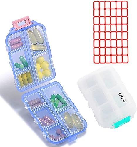 YEEHO Pastillero (paquete de 2)  Caja portátil para tabletas de suplementos pequeños con 10 compartimentos  Organizador de vitaminas medicinales,