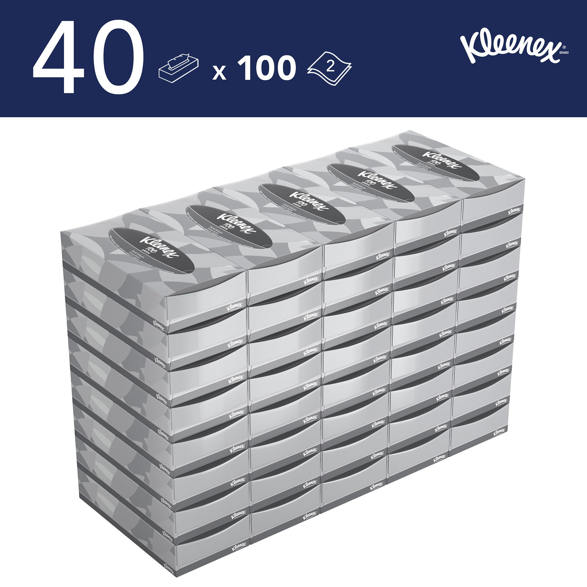 Boîtes de Mouchoirs Kleenex® 8815 – 2 Épaisseurs, Blancs, Doux, Résistants & Certifiés FSC – 40 Boîtes x 100 Mouchoirs (Total 4 000 mouchoirs)