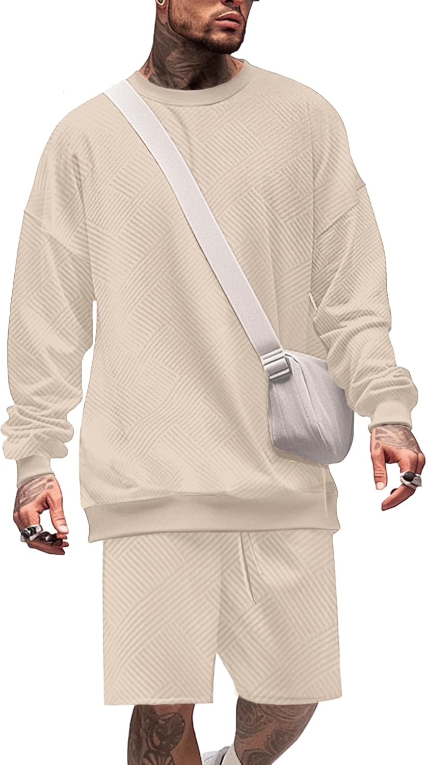 Mens 2 Piece Outfits Crewneck Sweatshirt Geometric Texture Long Sleeve and Joggers Shorts Sweatsuit Sets Tracksuit
