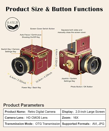 Miniatura 8 de Cámara digital vintage, 64MP 2.7K Retro Point and Shoot Cámara con enfoque automático, pantalla IPS de 2 pulgadas a nivel de cintura y tarjeta TF