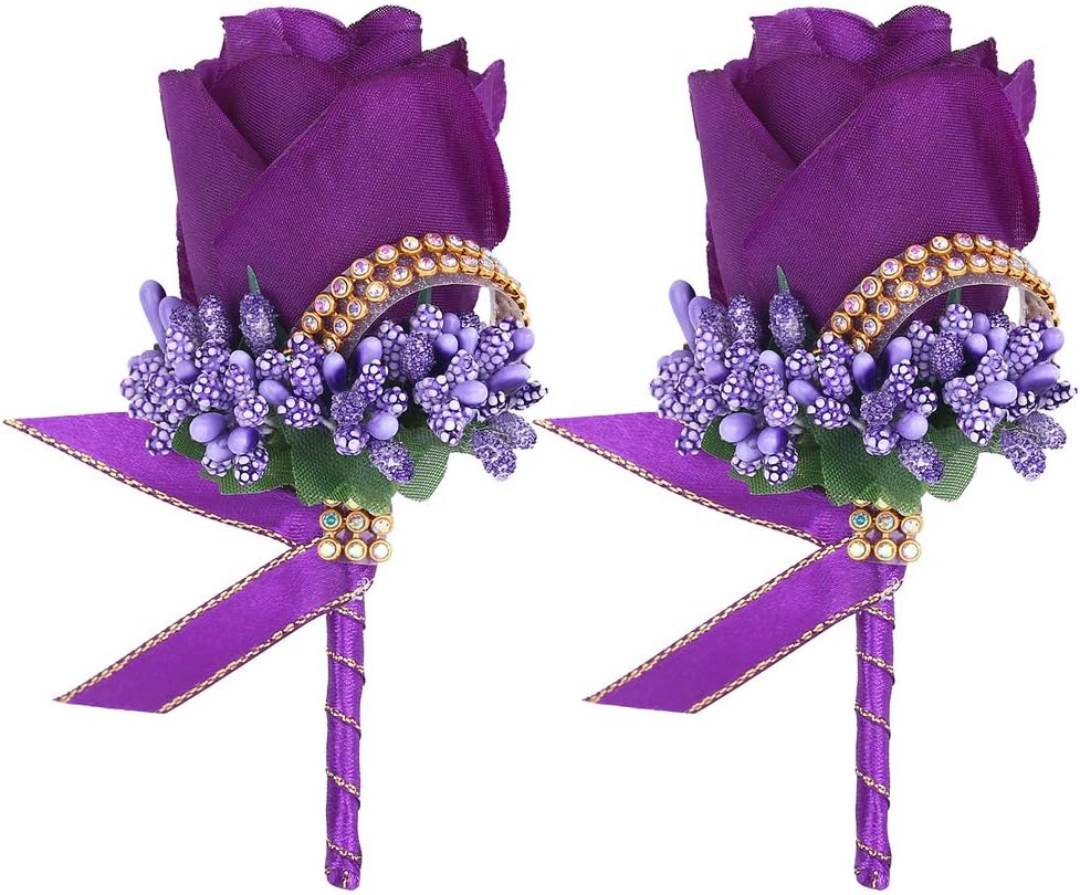 Boutonniere 2PCS Wedding Boutonniere Handmade Rose Boutonniere Corsage with Pin and Clip for Groom Bridegroom Groomsman Perfect for Wedding, Prom, Party (2 Packs, Purple)