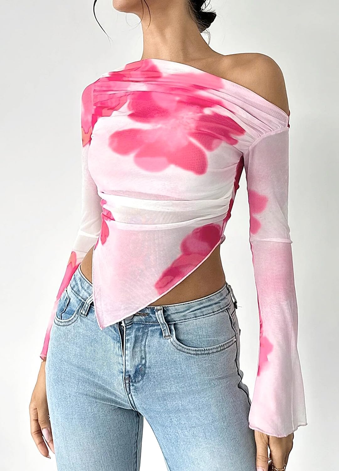 Segreto Women's Mesh Sheer T Shirt Gradient Tie-dye Long Sleeve Crop Tops Floral One Shoulder See Through Bodycon Blouse - Image 3