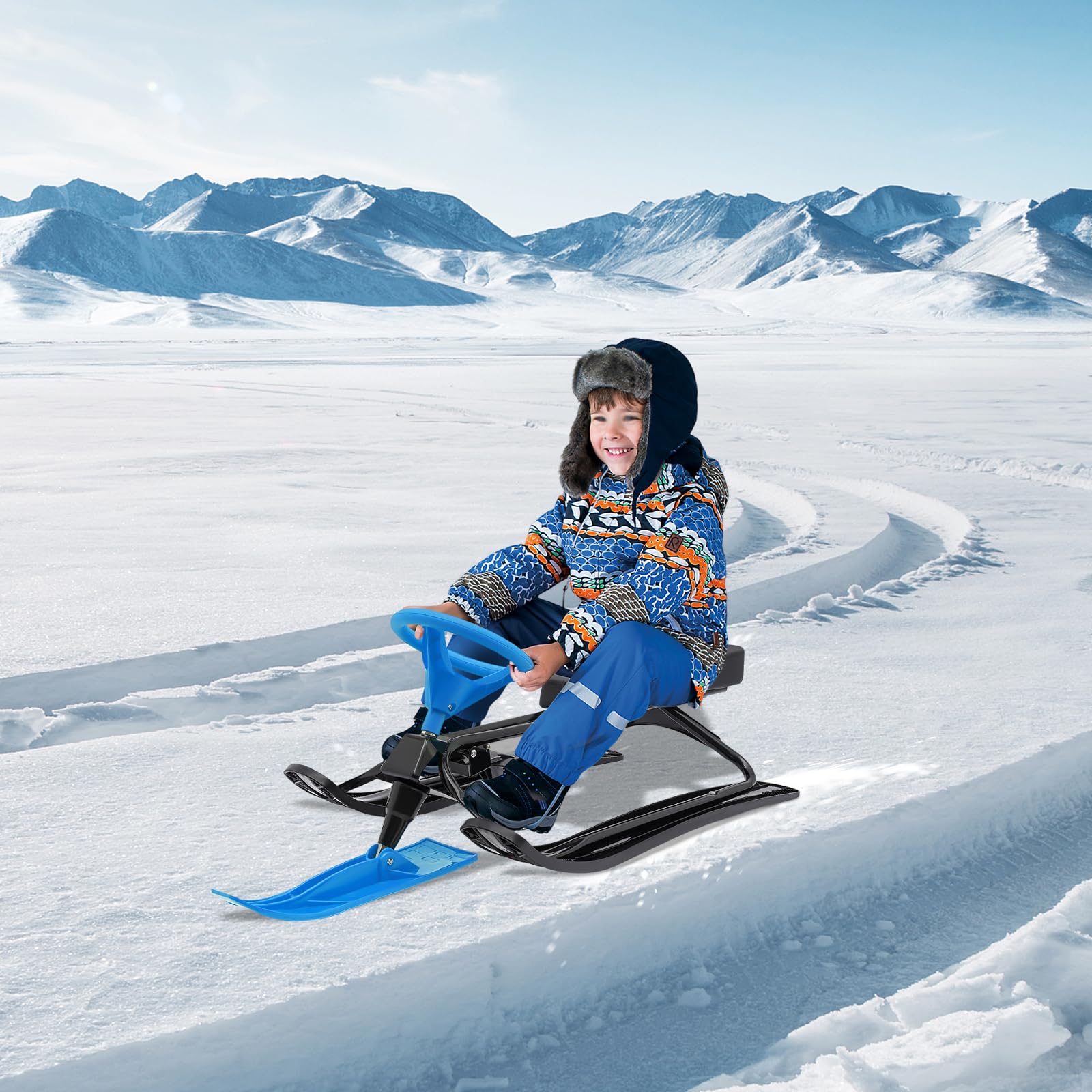 Luge avec frein pour enfants et adultes - Charge maximale : 100 kg - Avec volant - Pédale antidérapante - Siège en polyuréthane - Luge de course - Jouet d'hiver