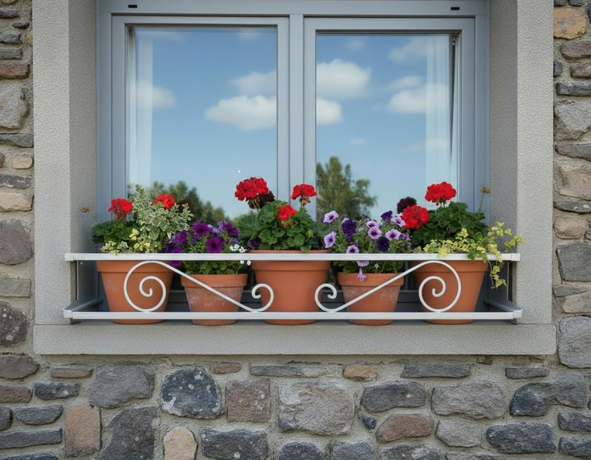 Balconcillo para Macetas Extensible 100-140 cm, Balconcillo para Plantas, Portamacetas Ventana, Protector de macetas, Modelo Volutas, Gris