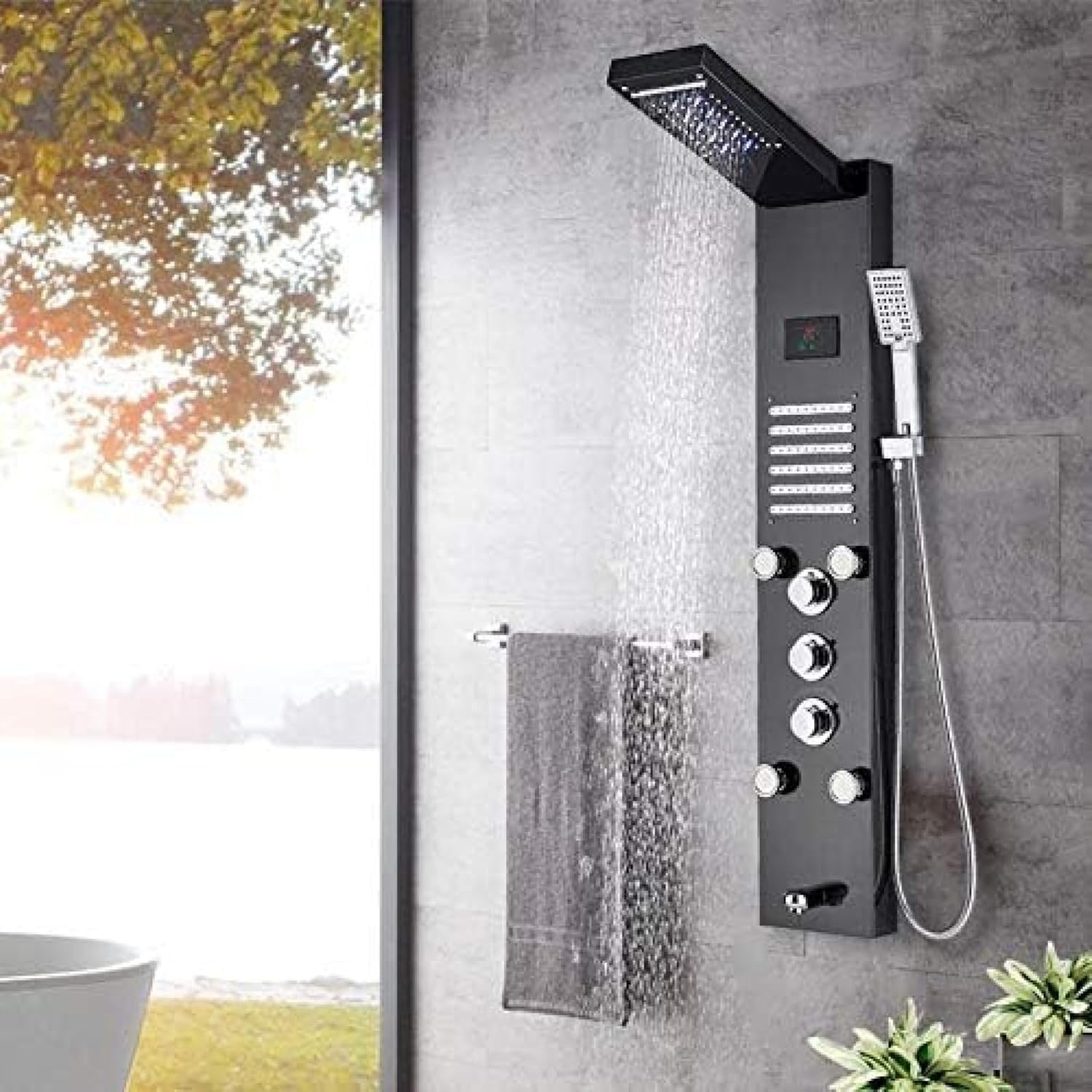 Black HydroelectricityRain Waterfall Shower Panel Massage Spa Jets LCD Digital Display Shower Suit Shower Column-Blackend,Blackend