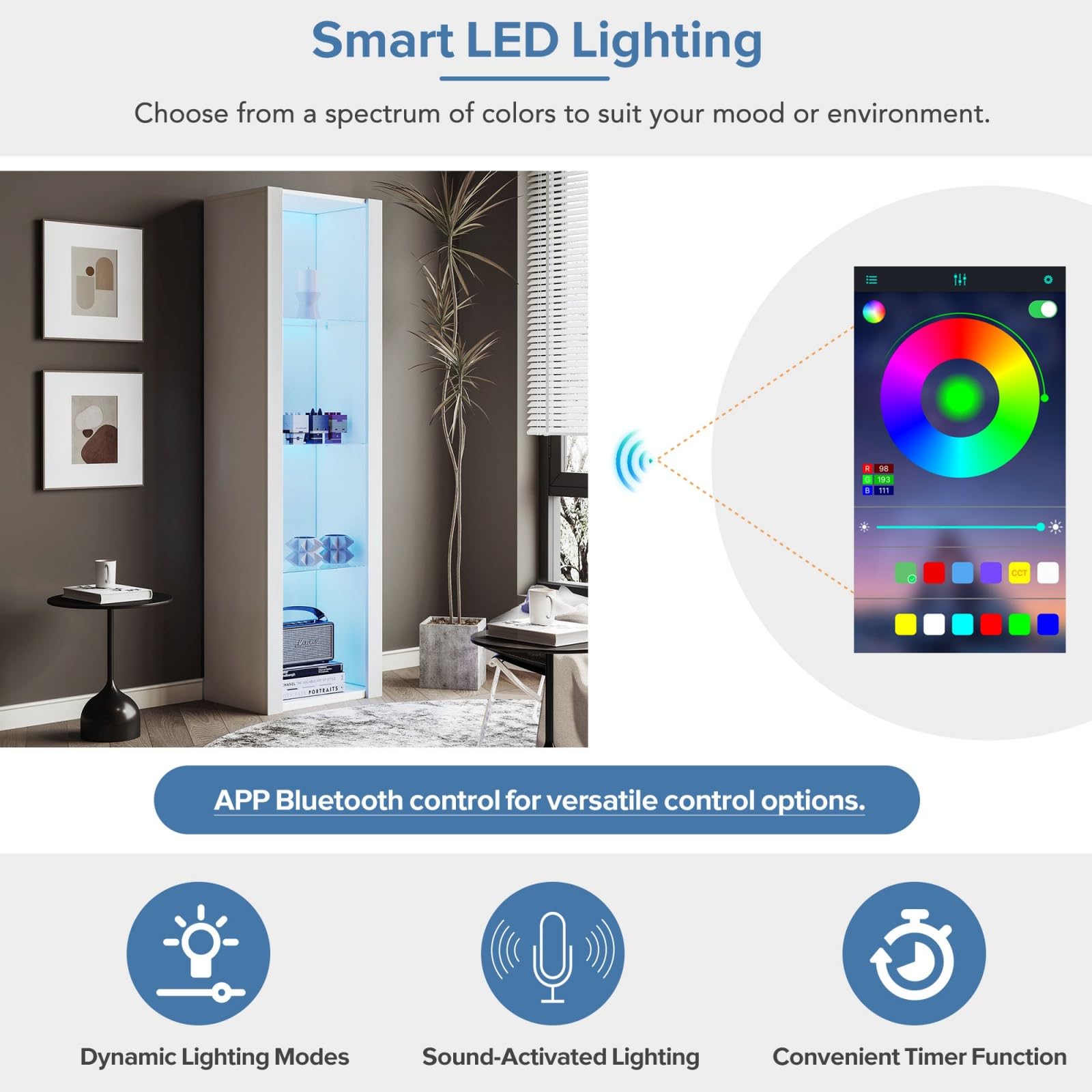 KOMHTOM Vetrina soggiorno con LED Credenza moderno, vetrina espositiva da terra con 3 ripiani in vetro per soggiorno camera da letto corridoio sala da pranzo (Bianco)