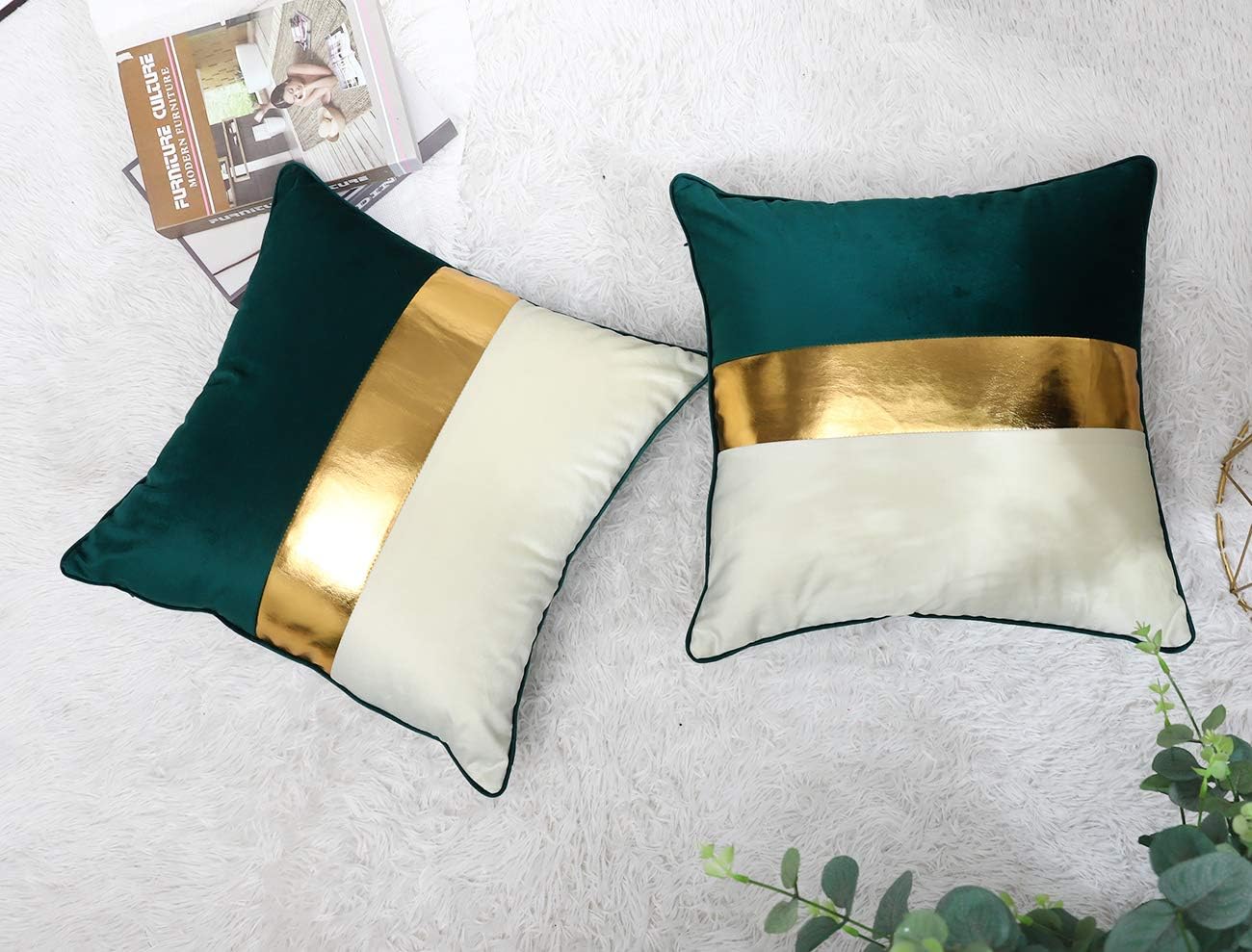 Navy Blue Beige Gold Leather Patchwork Velvet Throw Pillow Cover 18x18 Set of 2 Luxury Modern Home Decor Cushion Cover Decorative Pillow for Couch Living Room Bedroom Car (Navy Blue, 18x18)