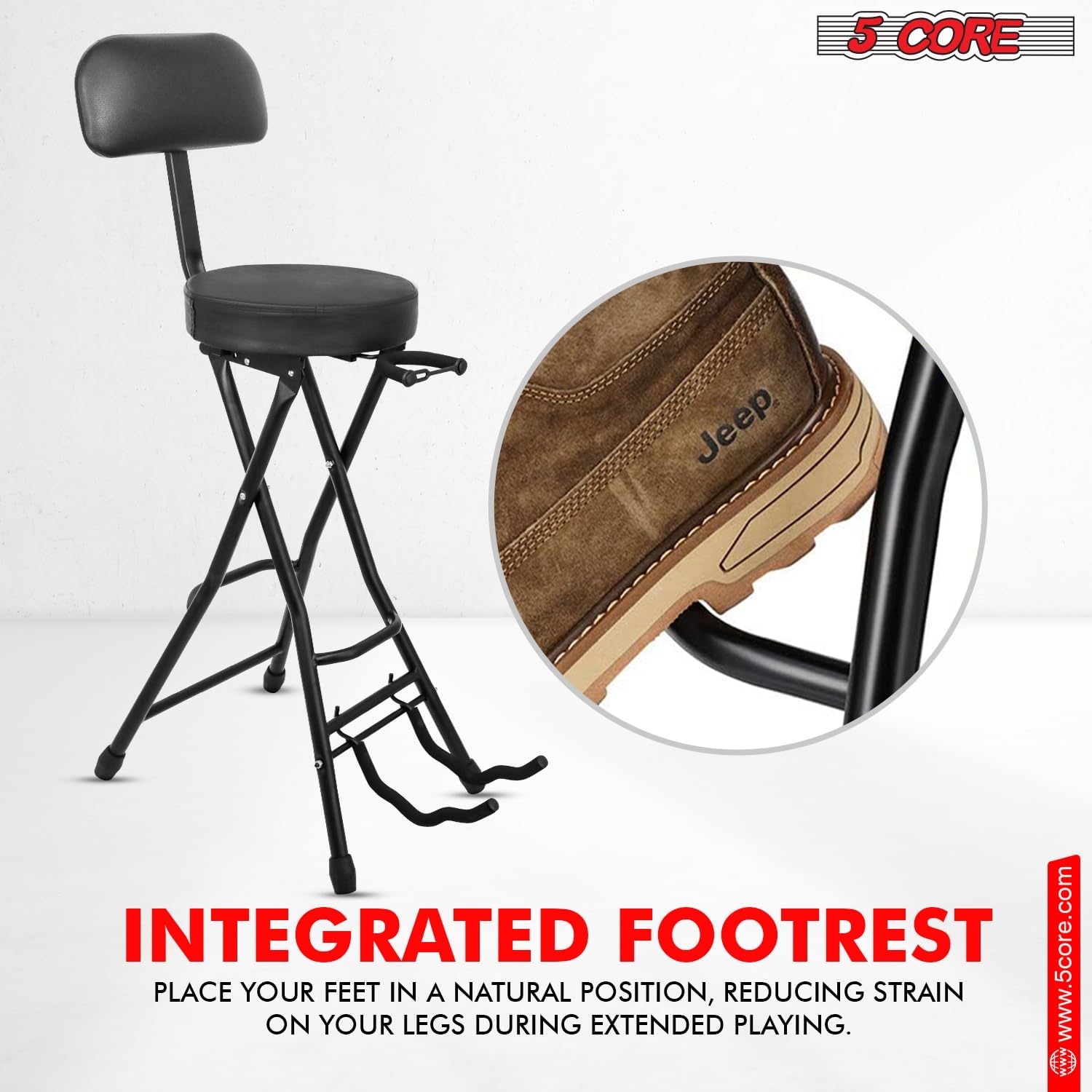 5 CORE Guitar Stool Seat w Backrest 3.15" Thick Cushioned Portable Durable Guitars Chair with Padded Holder Stand for Musicians - GSTOOL RND BLK Rest