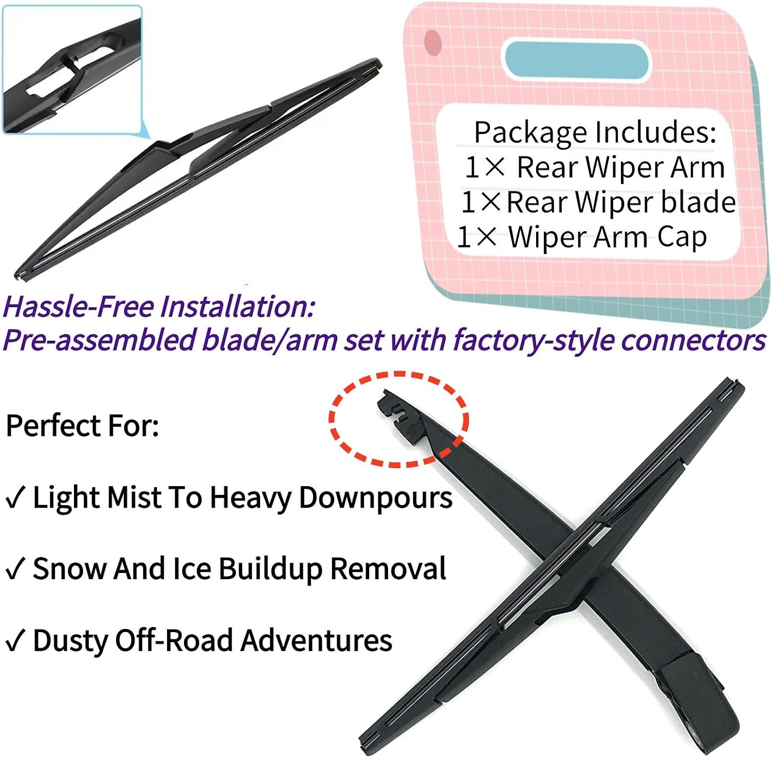 Rear Wiper Blade Arm Replacement for Nissan Kicks 2018-2024 2023 2022 2021 2020 2019 Fit for S SR SV Models - All-Season Rear Back Windshield Wiper Blade Set
