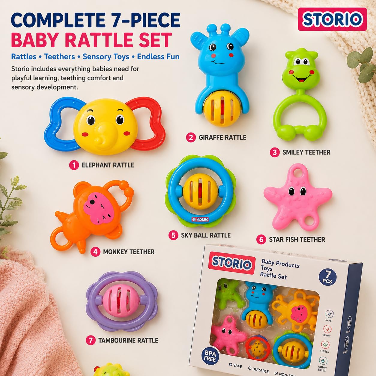 Storio Baby Products Toys 7 Pcs Rattle Set with Teathers for New Born Baby Gifts, Toy for Babies, Non-Toxic — Amazon image 7