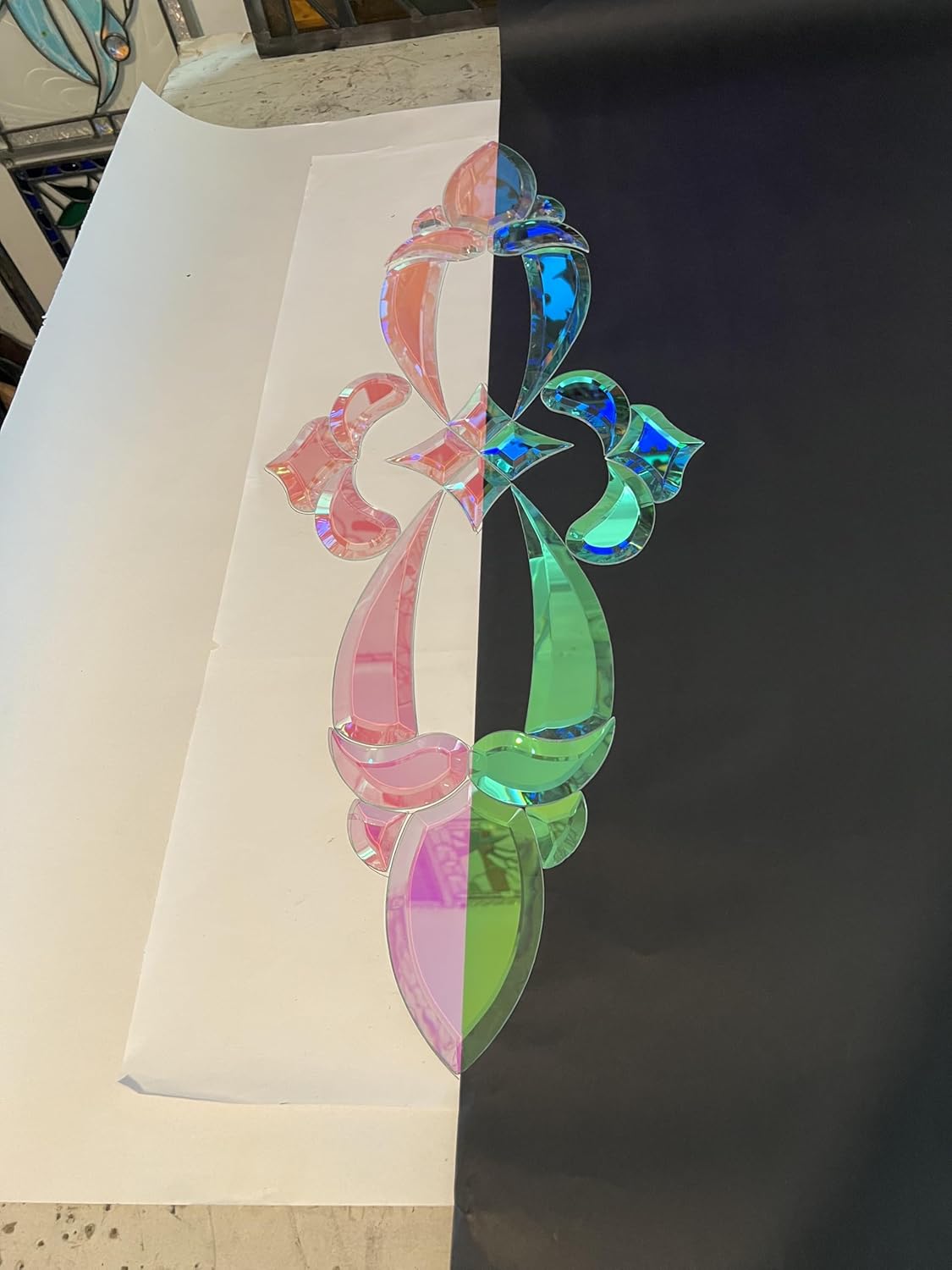 Decorative Dichroic Glass Bevel Cluster, Holographic Pink-Purple-Green,Ornamental Stained Glass Art Piece, Hanging Crystal Suncatcher