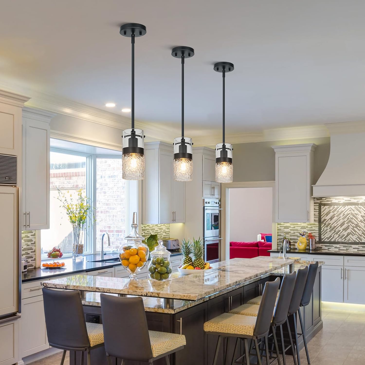 Modern Black Pendant Light Adjustable Hanging Lighting Transparent Hammer Glass Chandelier for Kitchen Island Dining Room Bathroom Bedroom (2Pack)