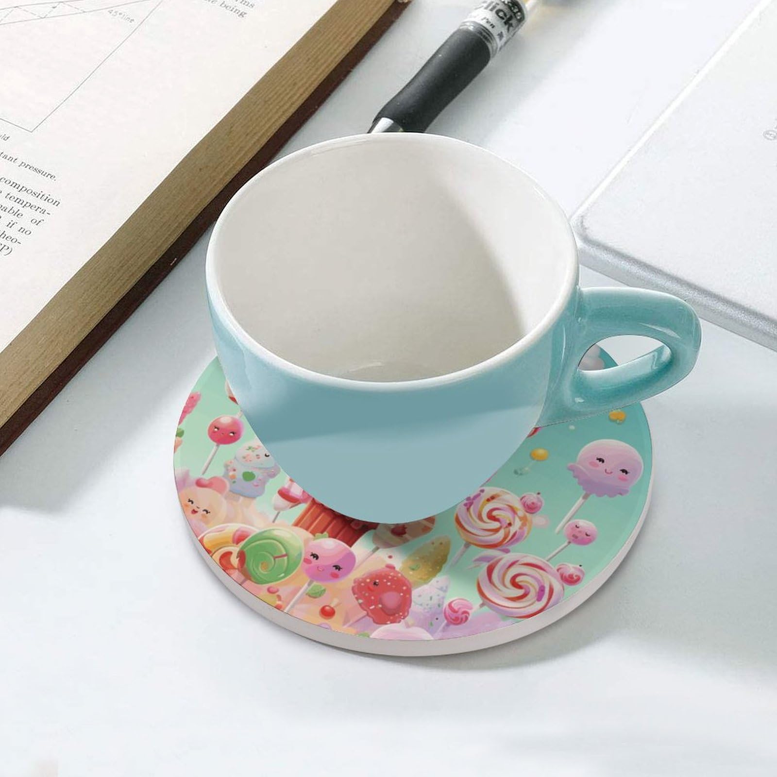 Lot de 6 dessous de verre en céramique avec dos en liège - Dessous de verre en forme de bonbon pour boissons - Dessous de verre rond absorbant en pierre pour types de tasses, table basse