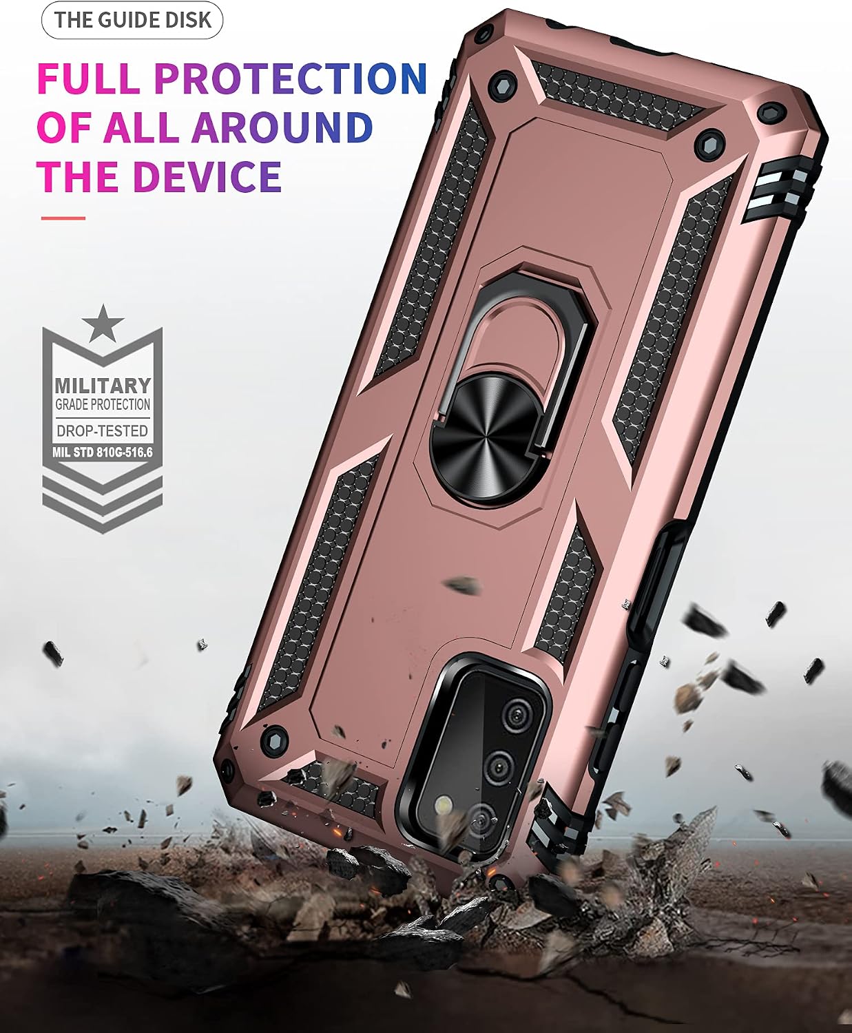 Dionsibei Military Grade Drop Impact for Samsung Galaxy A03S Case 360 Metal Rotating Ring Kickstand Holder Armor Heavy Duty Shockproof Case for Galaxy A03S Phone Case (Rose Gold)