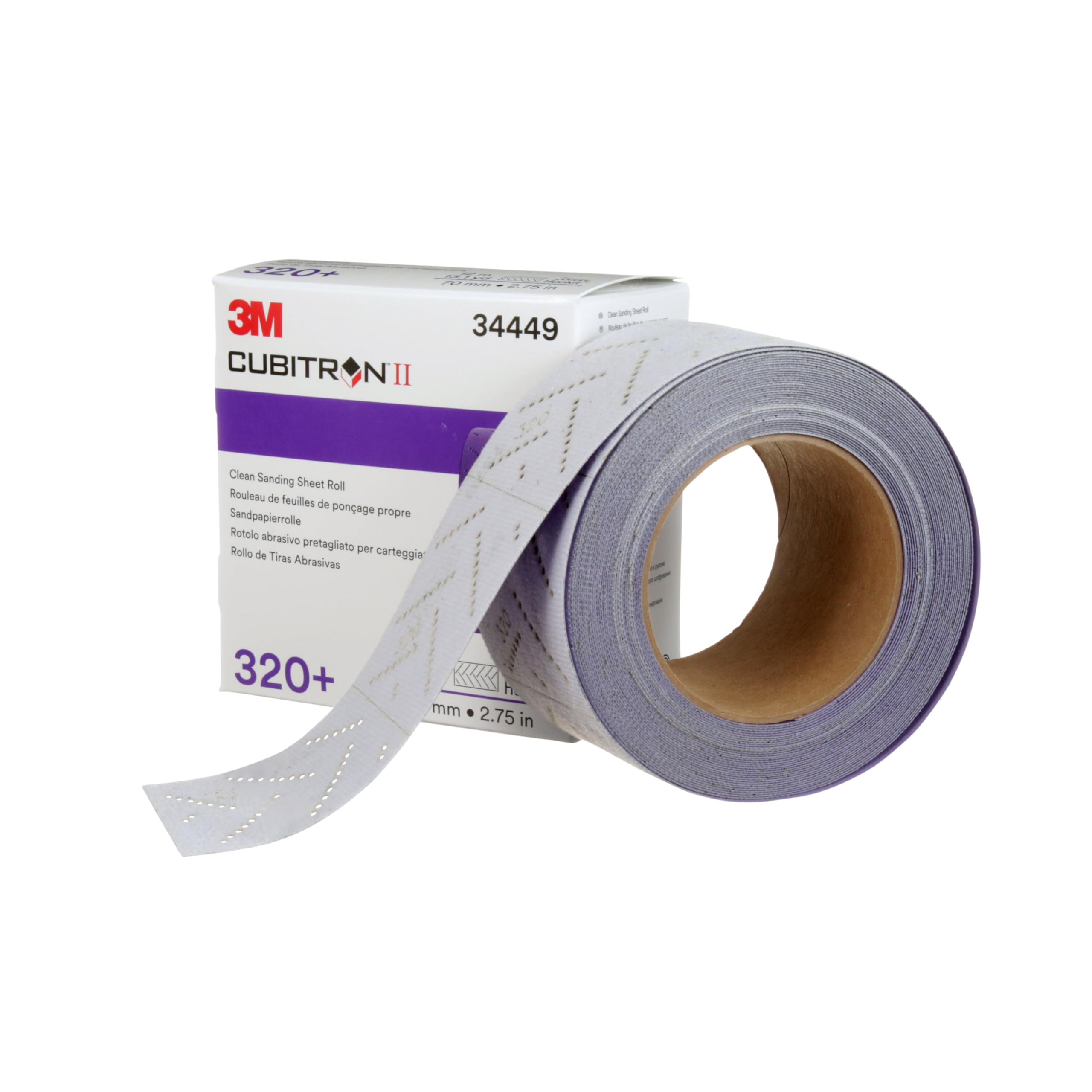 3M Cubitron II Hookit Clean - Rollo de papel de lija 34449, grado 320+, borde de plumas, larga duración, hoja de archivo, patrón de múltiples agujeros, 70 mm x 12 m | 1 rollo, multiagujero, para eliminación de revestimientos, reparación de carrocería, lij