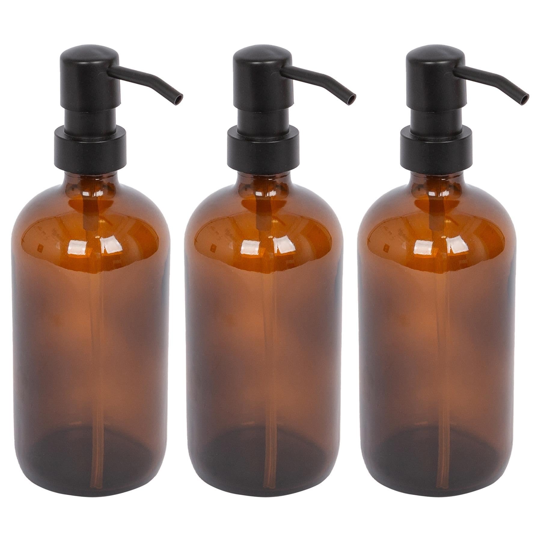 Harbour Housewares Amber Glass Soap Dispensers Pack of 3-500ml Refillable Bottles with Black Pumps - Bathroom and Kitchen Accessories for Hand Wash, Lotion or Washing Up Liquid