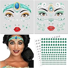 DPKOW Tatuaggio del viso Principessa Jasmine Costume Signore Donne Tatuaggi Temporanei Carnevale Costume Party Accessori, Glitter Pietre Viso Principessa Jasmine Tatuaggio del viso Make-up Carnevale