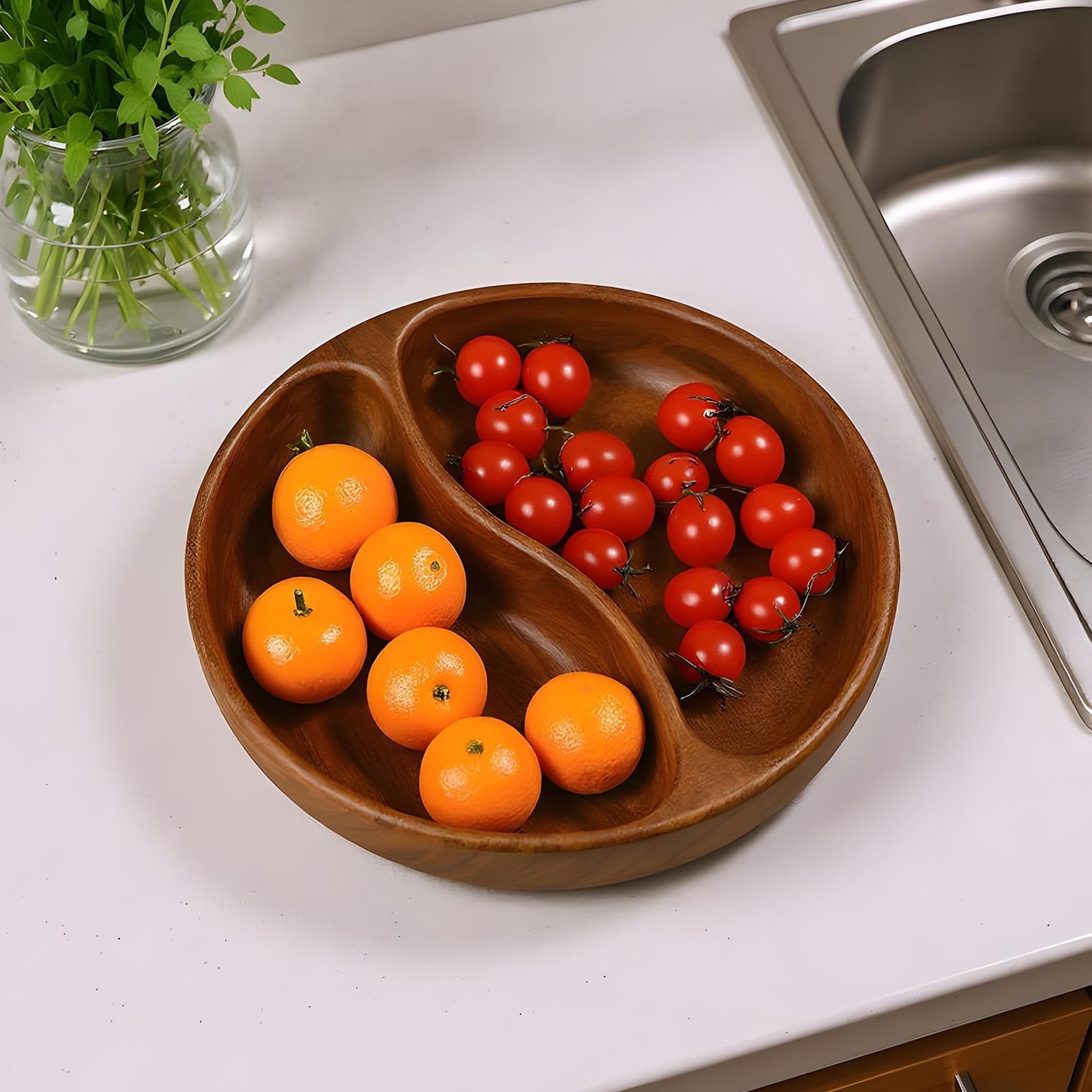 Elegante ciotola per snack a 2 scomparti, rustica, per frutta secca, caramelle e insalate, perfetta per cucina e casa, piatto da bar, 26 x 4 cm, ideale per feste