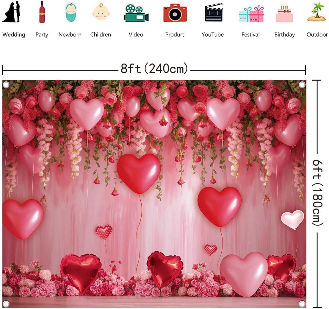 Sweet Valentines Day Backdrop Pink Heart Happy Valentine's Day Photography Background Red Roses Wall Love Wedding Anniversary Birthday Party Decoration Banner Photo Supplies (8x6FT(94 x 70 inch))