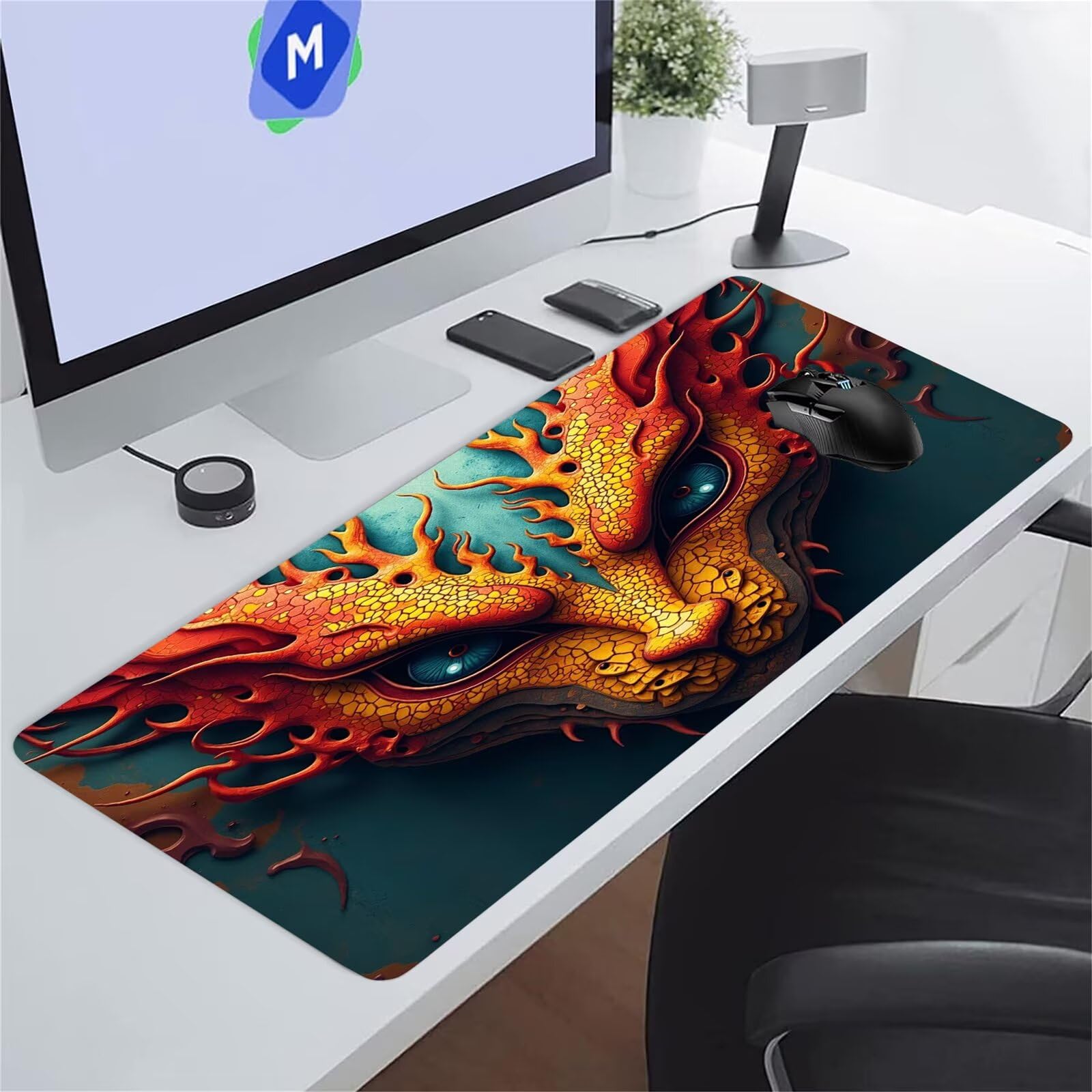 Tappetino per Mouse da Gioco XXL 1200x600x3 mm, Desk Pad Grande con Bordi Cuciti, Base in Gomma Antiscivolo, Accessorio per Ufficio e PC (Drago Animale)